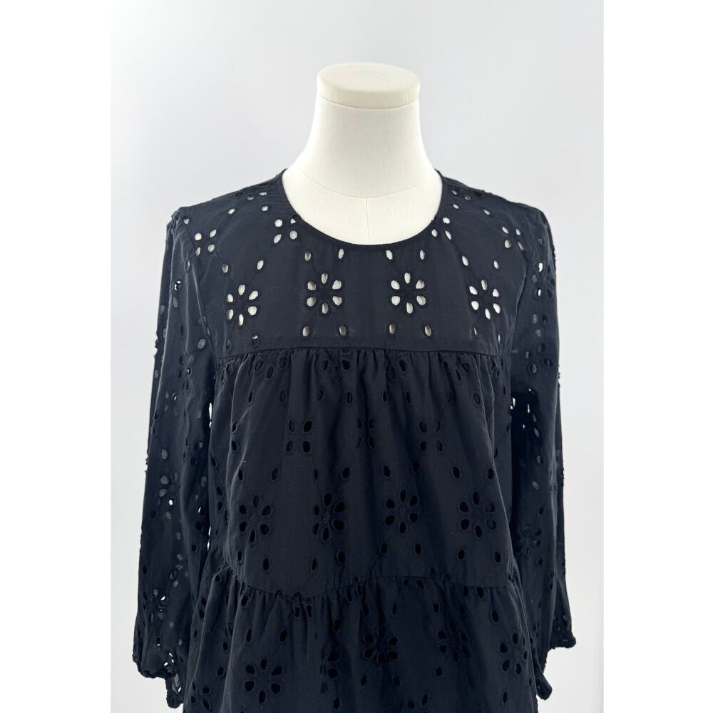 J Crew Black Eyelet Cotton Ruffle Top Lace Long Sleeve Peasant Blouse Small